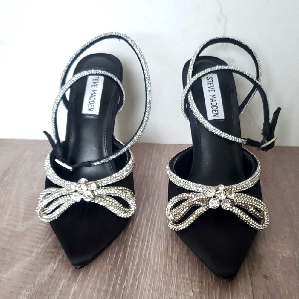 Steve Madden Black Satin Pointed Toe Rhinestone Bow Heels